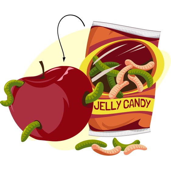 Prank with apple and jelly worms